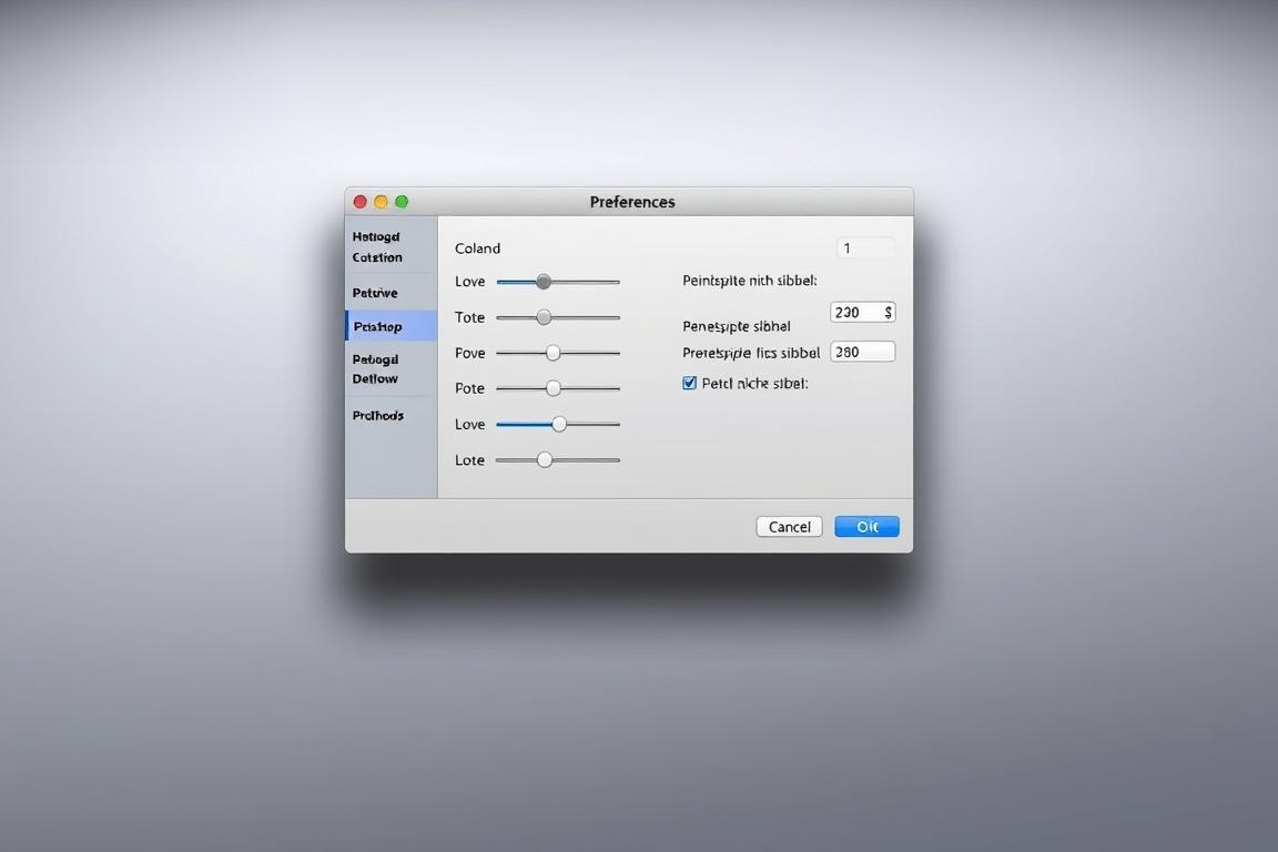 A well-lit, detailed digital illustration of the Photoshop Preferences dialog window, showcasing its various settings and options. The window is prominently displayed in the center, with a clean and minimalist background. The interface elements are clearly visible, including sliders, checkboxes, and dropdown menus, allowing the viewer to understand the different configuration options available. The scene has a professional, technical aesthetic, with a soft, neutral color palette and subtle ambient lighting that highlights the dialog's structure and layout. The overall composition emphasizes the importance of the Preferences menu in understanding and troubleshooting Photoshop's functionality, particularly in the context of the "Pinselspitze nicht sichtbar" issue.