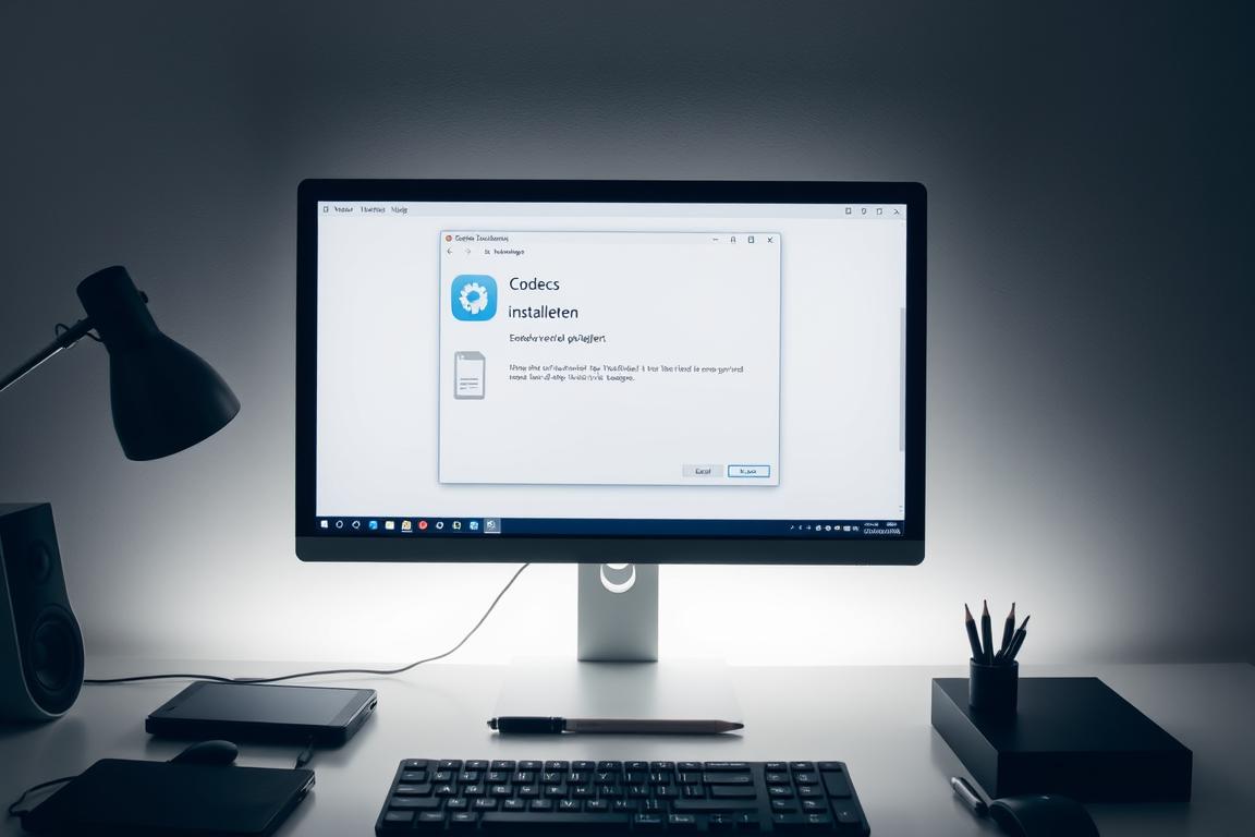 A well-lit, detailed image of a computer screen displaying a software installation window, focused on the "Codecs installieren" section. The window has a sleek, modern design with clear, legible text and intuitive UI elements. The screen is surrounded by a minimalist, clutter-free workspace, with subtle lighting and soft shadows to create depth and a sense of professionalism. The overall composition suggests a straightforward, step-by-step process for resolving video playback issues, reflecting the practical nature of the article's subject matter.