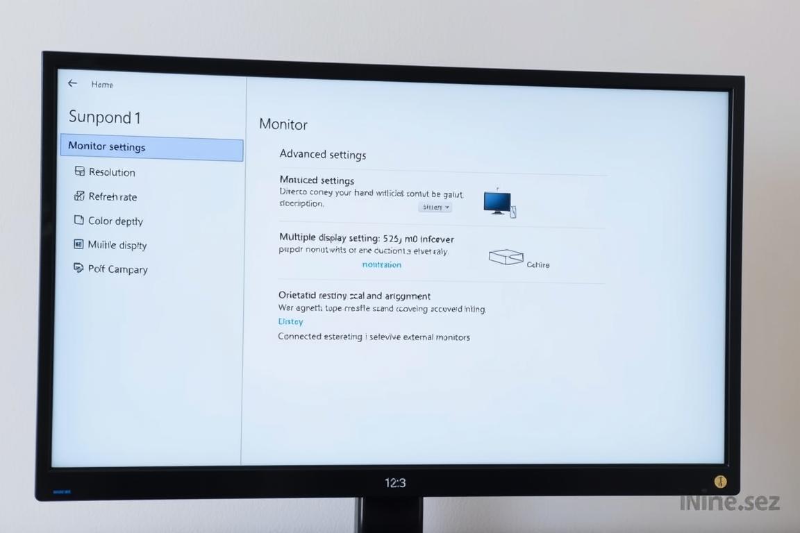 A well-lit, detailed image of the Windows 11 monitor configuration settings, displayed on a desktop computer screen. The foreground features the main monitor settings panel, with various options like resolution, refresh rate, color depth, and multiple-monitor setup clearly visible. The middle ground showcases the advanced display settings, including the ability to control the orientation, scale, and arrangement of connected external monitors. In the background, a simplified system tray and taskbar provide context, creating a cohesive and informative scene that visually communicates the troubleshooting steps for resolving monitor issues under Windows 11. The image has a clean, technical aesthetic with a calm, professional mood.