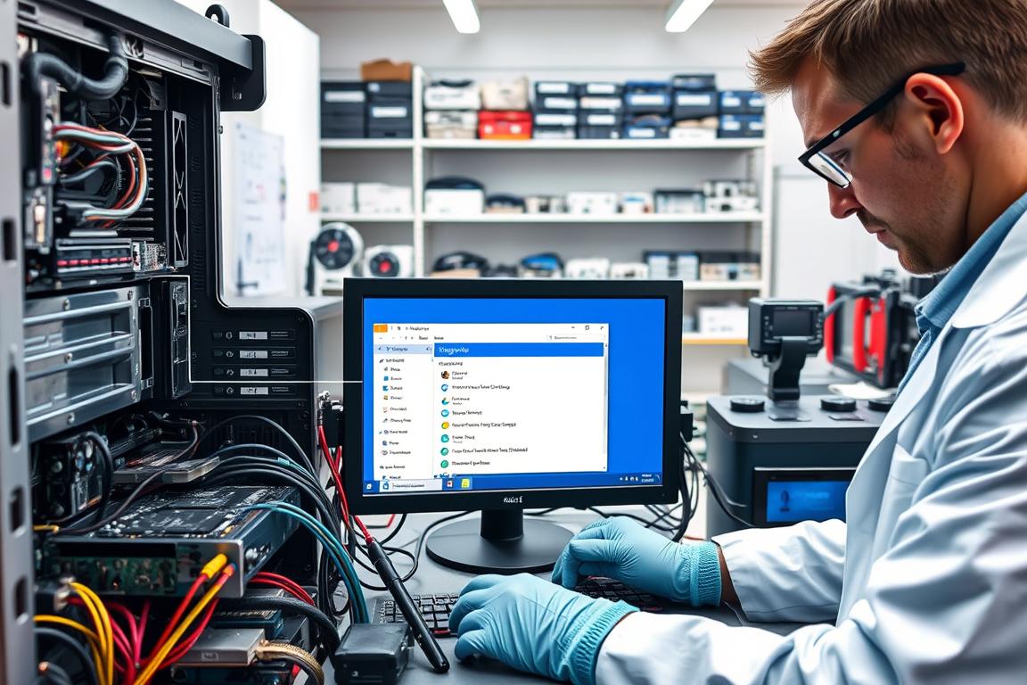 A well-lit, detailed schematic diagram of a computer system undergoing repair or diagnostic procedures. In the foreground, a technical engineer in a lab coat and gloves examines circuit boards, cables, and hardware components using specialized tools and equipment. In the middle ground, a Windows 11 operating system interface is displayed on a monitor, showing diagnostic utilities and repair tools. The background depicts a clean, organized workshop environment with shelves of spare parts and diagnostic equipment. The overall tone is professional, technical, and conveys a sense of problem-solving and system restoration.