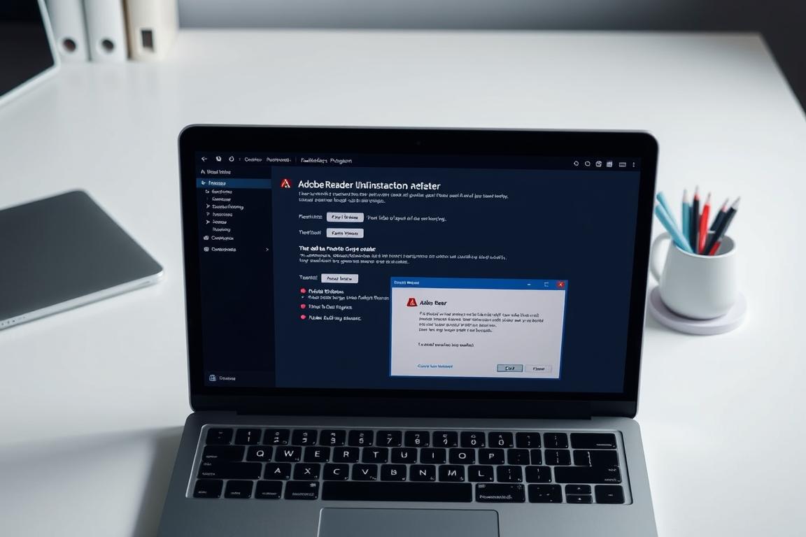 A well-lit, high-angle shot of an open laptop screen displaying the Adobe Reader uninstallation process. The screen shows various dialog boxes and menus guiding the user through the deinstallation steps. The laptop is placed on a clean, minimalist desk, with a few office supplies visible in the background. The scene conveys a sense of focus and simplicity, reflecting the straightforward nature of the uninstallation task. The lighting is soft and even, creating a calming, professional atmosphere.