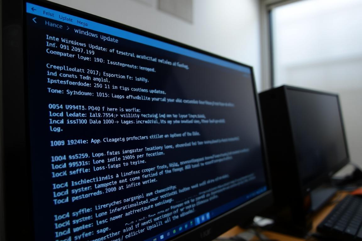 A well-lit, high-resolution desktop computer screen displaying a detailed Windows Update log, showcasing various error codes, system information, and log entries. The screen is positioned in the foreground, with a clean, minimalist desktop background in the middle ground. The lighting is soft and evenly distributed, highlighting the information on the screen. The camera angle is slightly elevated, providing a clear and comprehensive view of the update logs. The overall mood is one of focus and attention to detail, conveying the technical nature of the subject matter.