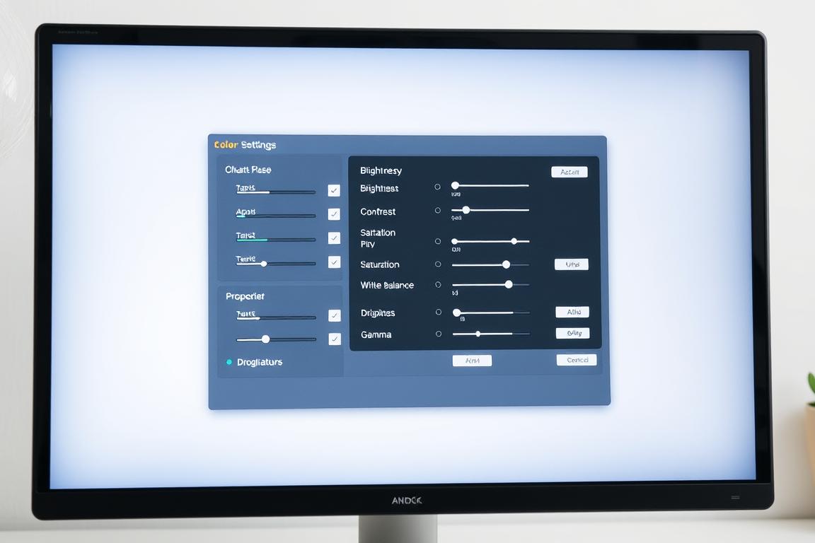 A well-lit, high-resolution image of a computer monitor or laptop screen, displaying a detailed color profile settings interface. The interface should feature sliders, checkboxes, and dropdown menus for adjusting various color parameters such as brightness, contrast, saturation, white balance, and gamma. The overall composition should convey a sense of control, precision, and technical focus, with the monitor taking up a significant portion of the frame. The background should be clean and uncluttered, allowing the color profile settings to be the main focal point. The lighting should be soft and diffused, creating a calm and professional atmosphere.
