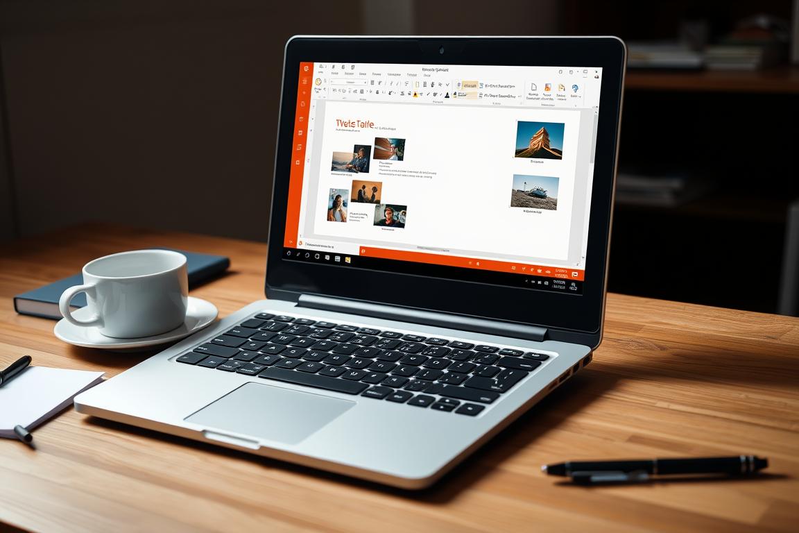 A well-lit, high-resolution image of a laptop screen displaying a PowerPoint presentation. The screen shows various image thumbnails against a clean, minimalist slide design, conveying a sense of organization and attention to detail. The laptop is positioned on a wooden desk, with a cup of coffee and a pen nearby, creating a productive, focused workspace. The lighting is soft and diffused, casting gentle shadows and highlighting the screen's clarity. The angle is slightly elevated, providing a clear view of the presentation layout. The overall mood is one of professionalism, efficiency, and attention to multimedia integration within PowerPoint.