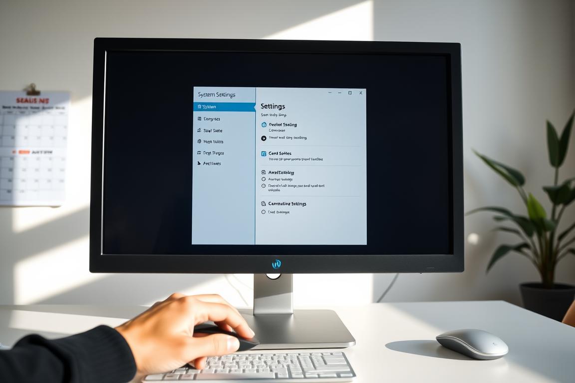 A well-lit office desk with a computer monitor displaying the Windows 11 settings menu. The monitor's screen shows the "System Settings" interface, with various configuration options visible. In the foreground, a hand using a computer mouse to navigate through the settings. The background features a minimal, clean office environment with a simple wall calendar and a potted plant, conveying a professional, organized atmosphere. The lighting is bright and natural, creating clean shadows and highlights that accentuate the details of the scene. The overall mood is one of thoughtful, focused adjustment of the system's settings.