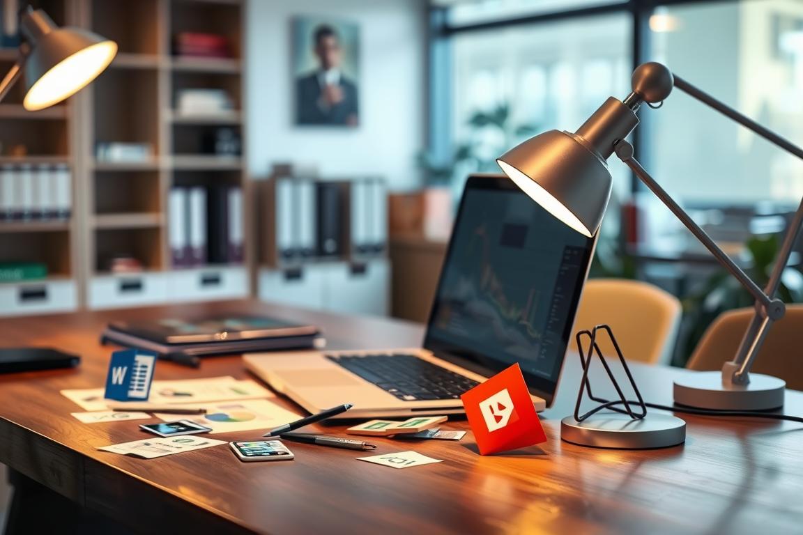 A well-lit office desk with a laptop and various Microsoft Office software icons scattered around, hinting at the need for repair. The desk is made of dark wood, and a warm lamp illuminates the scene from the side. The background is a softly blurred office environment, with bookshelves and a window visible, suggesting a professional setting. The overall mood is one of thoughtful consideration, as the user contemplates how to fix the issue with the Excel file.