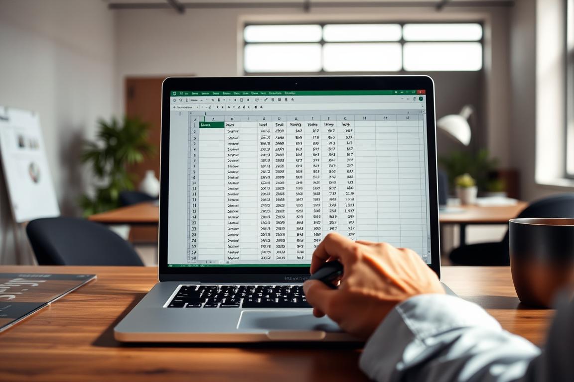 A well-lit office desk with an open laptop displaying an Excel spreadsheet. In the foreground, a person's hands are working on sorting the data, using the mouse to click and drag the columns. The background features a modern, minimalist office setting with clean lines and neutral colors. The mood is focused and productive, with a sense of problem-solving and attention to detail. The lighting is soft and natural, creating a warm, professional atmosphere. The overall scene conveys the step-by-step process of resolving an Excel sorting issue.