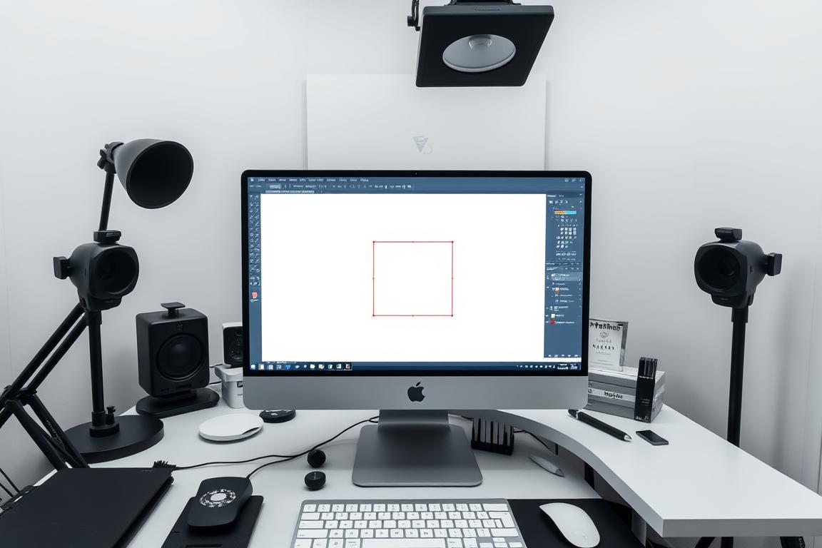 A well-lit studio scene depicting a digital workstation with various software tools open, including a vector illustration program with the "Hilfslinien einblenden" (Show Guides) option visible in the interface. The workspace is clean and organized, with a modern, minimalist aesthetic. The computer screen is the focal point, showing the guides overlaid on a simple geometric shape or layout, providing visual cues and structure for the designer's work. The lighting is soft and even, creating a productive, focused atmosphere. The angle is slightly elevated, giving a bird's-eye view of the workspace, emphasizing the importance of the visual aids and their role in the creative process.
