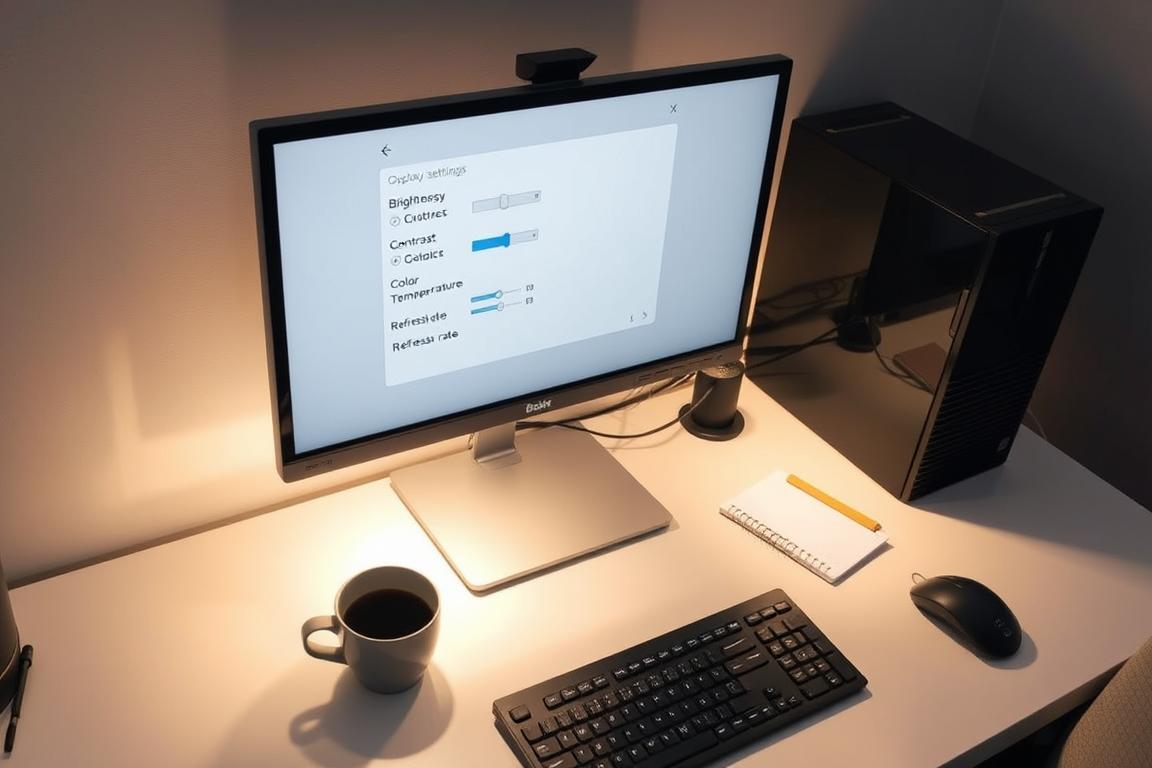 A well-lit workstation with a desktop computer, monitor, and keyboard. The monitor display shows an on-screen interface with labeled settings options for adjusting brightness, contrast, color temperature, and refresh rate. The desk surface is clean and organized, with a cup of coffee and a notepad nearby. The lighting is soft and even, creating a calm, focused atmosphere. The camera angle is slightly elevated, giving a birds-eye view of the workspace, emphasizing the attention to detail in the display settings optimization process.