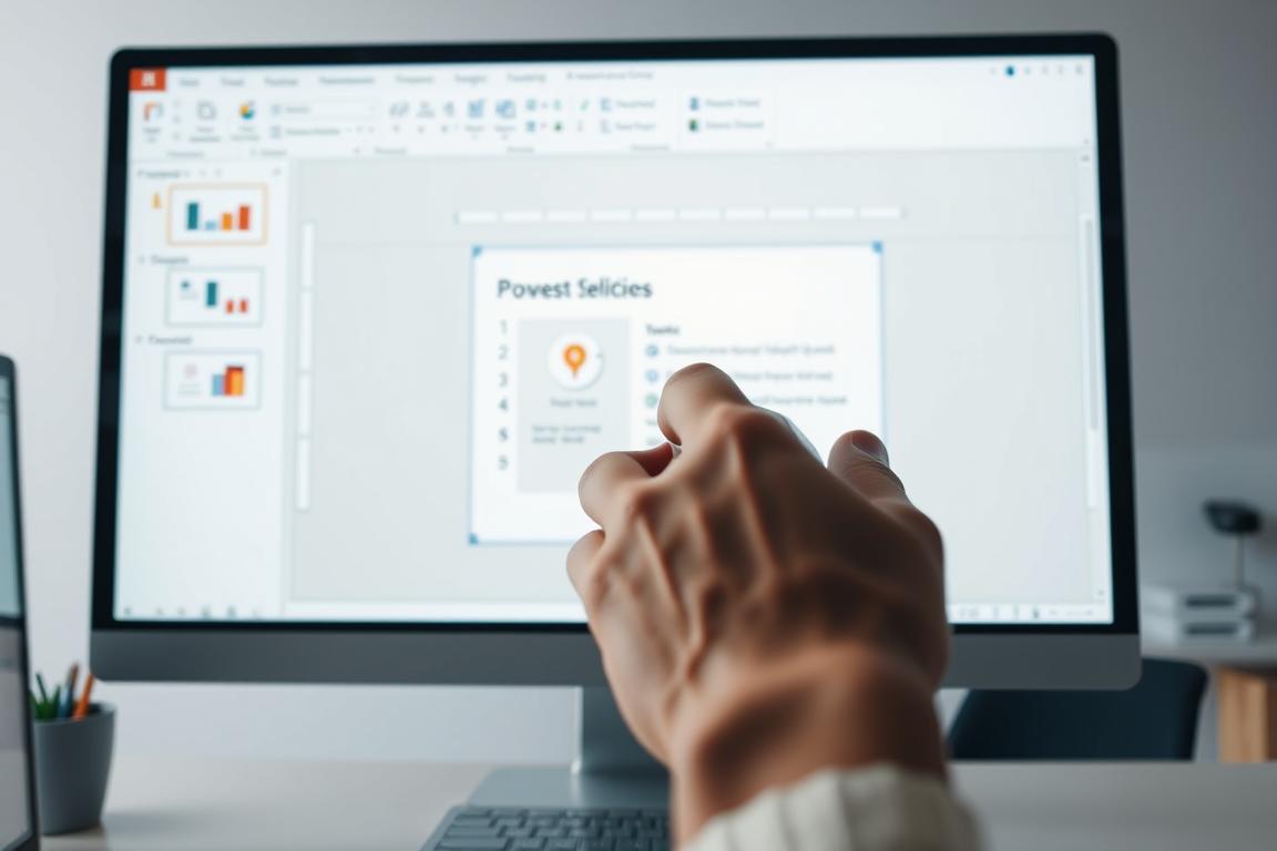 A well-organized PowerPoint presentation file, its contents neatly arranged and optimized for efficient viewing. The foreground shows a computer screen displaying the presentation software's interface, with a slide open and various customization tools visible. In the middle ground, a hand hovers over the mouse, making adjustments to the slide's layout and formatting. The background depicts a minimalist office setting, with clean lines, neutral tones, and subtle lighting casting a professional, productive atmosphere. The overall scene conveys the sense of a user carefully refining their presentation to maximize its impact and minimize file size.