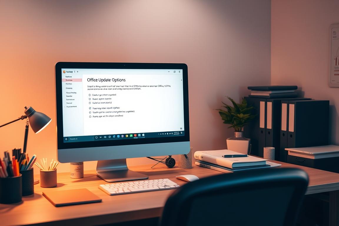 A well-organized office space with a desk, computer, and office supplies, showcasing the process of downgrading to an earlier version of Microsoft Office. The scene is illuminated by soft, warm lighting, creating a professional and productive atmosphere. The foreground features the computer screen displaying the "Office Update Options" menu, allowing the user to select a previous version of the software. The middle ground includes neatly arranged office items, while the background depicts a simple, minimalist office setting. The overall composition conveys a sense of focus, efficiency, and problem-solving.