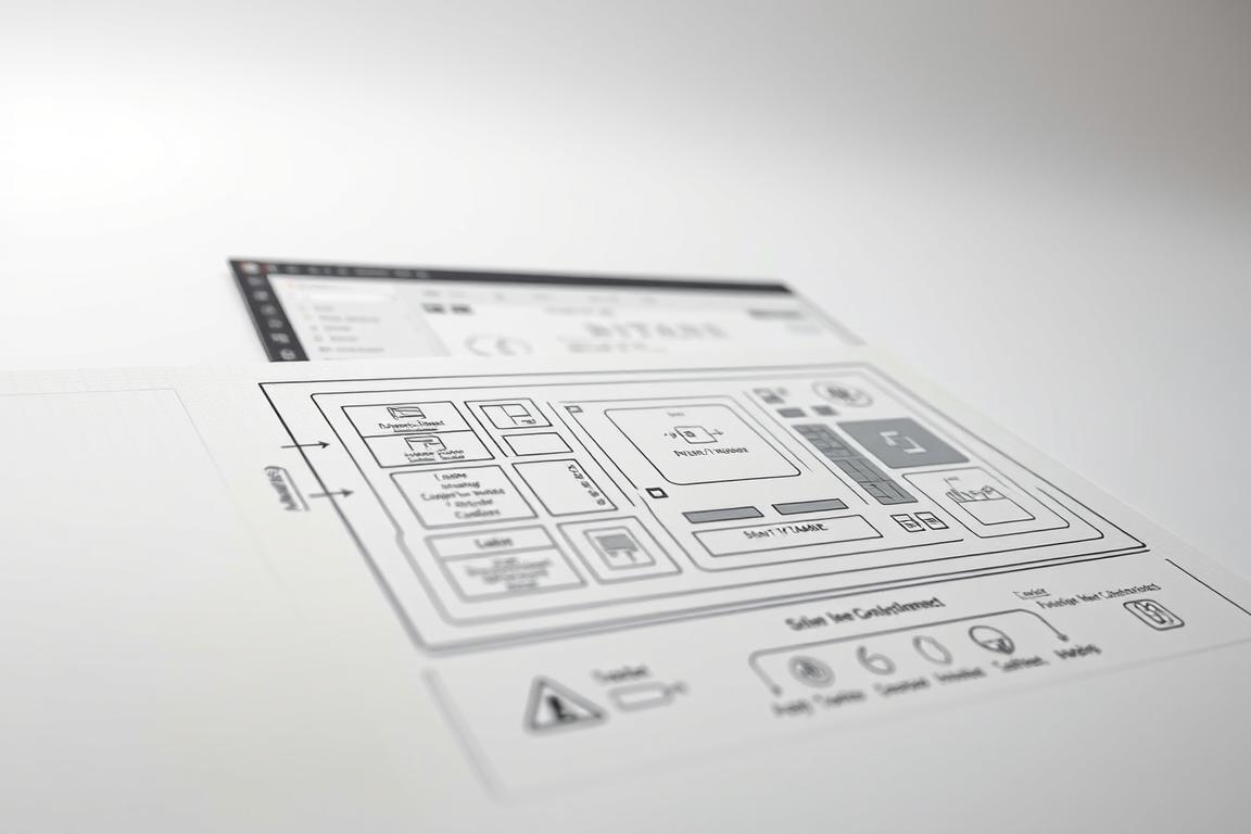 An intricate and technical layout diagram showcasing the key components of a Folienmaster software interface. The scene is captured from an oblique angle, with a clean and minimalist aesthetic. The foreground features a detailed schematic of the Folienmaster layout, with clearly delineated sections and elements. The middle ground reveals the overall software UI, with subtle hints of controls and menus. The background is a softly blurred, monochromatic gradient, placing the focus squarely on the technical details. Lighting is even and diffused, creating a sense of depth and dimensionality. The overall mood is one of precision, professionalism, and problem-solving, reflecting the advanced techniques required to address persistent Folienmaster issues.