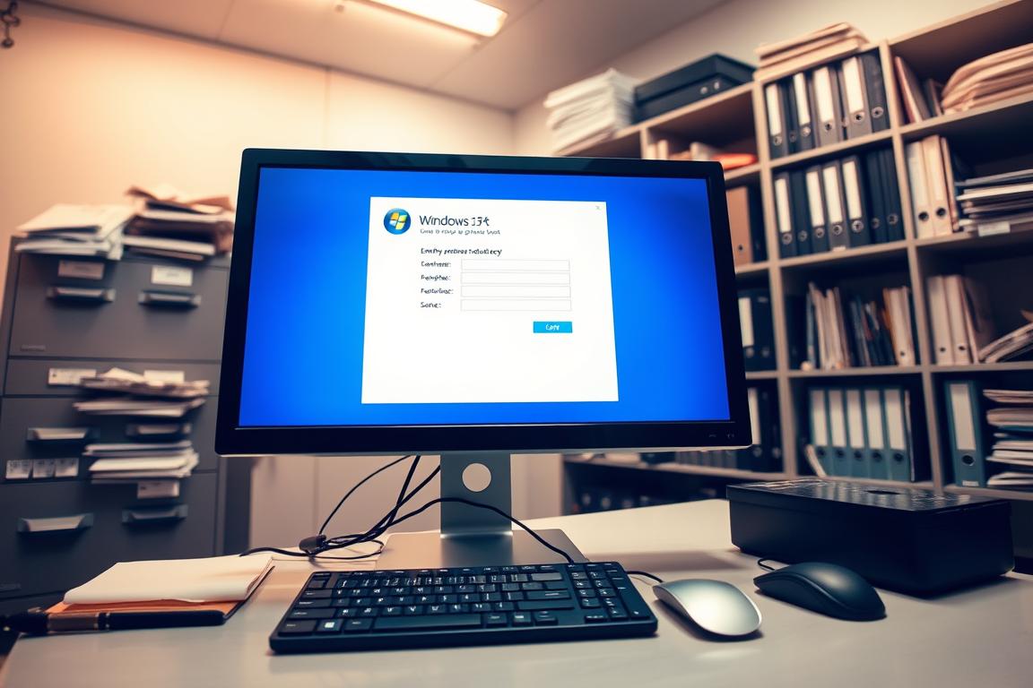 An office desk with a computer monitor, keyboard, and mouse, set against a backdrop of a cluttered file cabinet and shelves filled with binders and documents. The monitor displays a Windows registration window, with fields for entering a product key. Bright, overhead lighting casts a warm glow across the scene, creating a sense of productivity and focus. The mood is one of mild frustration, as the user attempts to resolve a software issue. The angle is slightly elevated, giving the viewer a perspective as if they are standing over the desk, observing the registration process unfold.