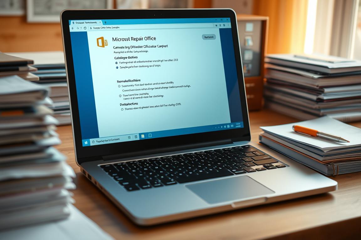 An office desk with a laptop, surrounded by neatly stacked folders and files. The laptop's screen displays the Microsoft Office repair interface, with options to diagnose and fix common issues. Warm, natural lighting illuminates the scene, creating a sense of productivity and focus. The depth of field is shallow, drawing the viewer's attention to the laptop's screen and the repair process. The overall atmosphere is one of calm problem-solving, reflecting the section title "Methode 4: Office-Reparatur durchführen".