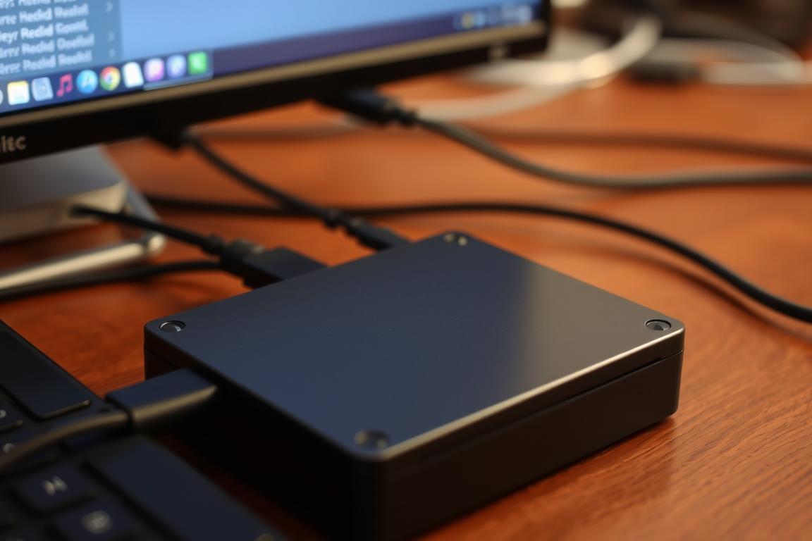 Bild einer externen Festplatte, die an einen Computer angeschlossen ist