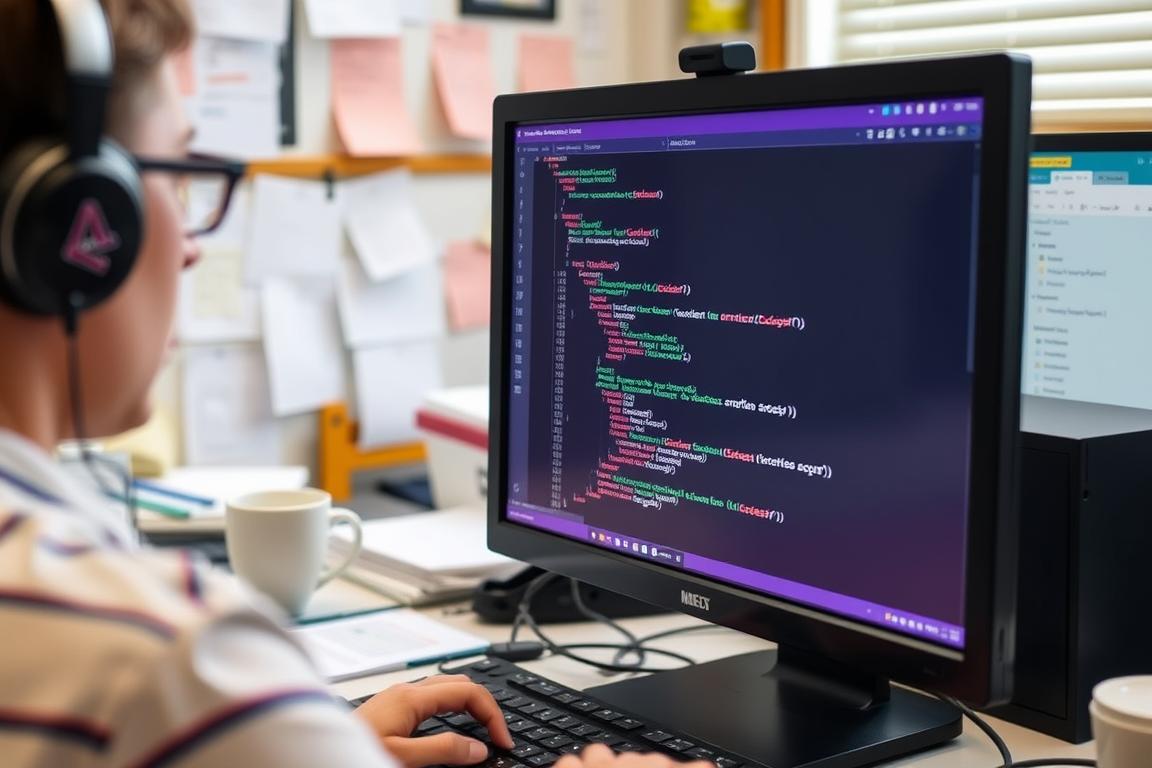 Bildbeschreibung: Eine Person arbeitet an einem Computer mit Access und VBA-Code auf dem Bildschirm.