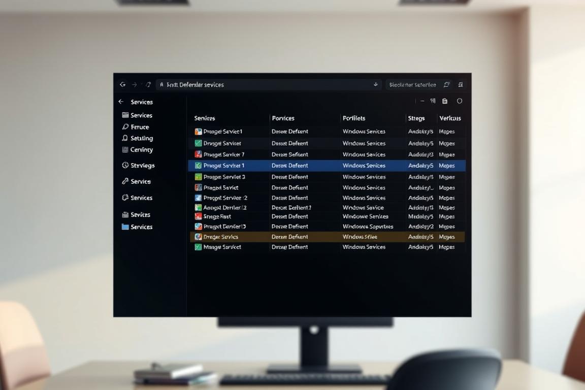 Detailed illustration of the Windows Defender services panel, showcased against a neutral, slightly blurred office background. The foreground depicts the services list in a clean, organized layout, with various services and their status clearly visible. Subtle lighting casts a warm, professional tone, drawing the viewer's attention to the task at hand. The middle ground features a desktop environment, with a sense of workspace and productivity. The background is softly defocused, creating depth and emphasizing the centrality of the Defender services interface. The overall atmosphere conveys a sense of troubleshooting and problem-solving, setting the stage for the "Erste Schritte zur Fehlerbehebung" section of the article.