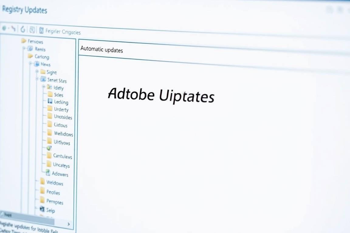 Detailed image of the Windows Registry Editor, focused on the "Adobe Updates" section. The editor is displayed in a clean, modern interface with a cool, desaturated color palette. The "Adobe Updates" tab is prominently featured, with clear options to configure the automatic update settings. The overall composition emphasizes simplicity and functionality, conveying a sense of control and problem-solving. The lighting is soft and evenly distributed, creating depth and highlighting the key interface elements. The camera angle is slightly elevated to provide an overview of the tool, making it easy to understand and navigate.