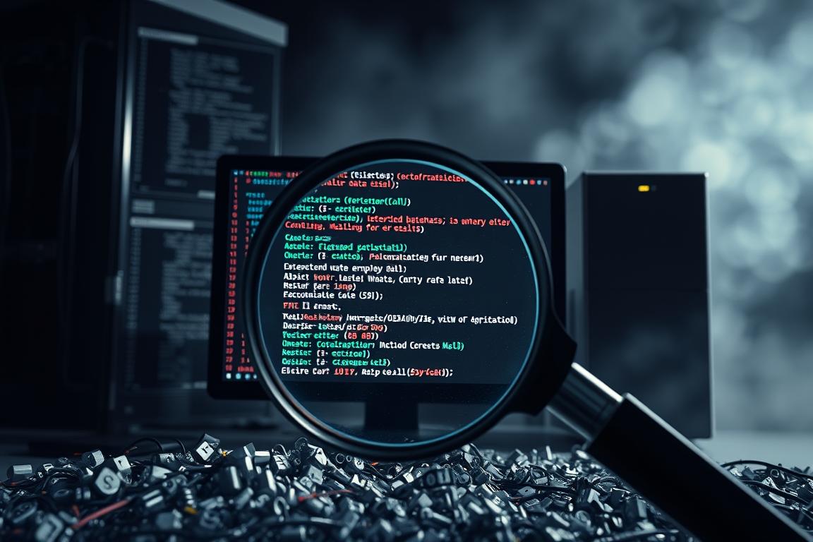 Detailed scene of a database error caused by mismatched data types. In the foreground, a large magnifying glass hovers over a jumble of numbers, symbols, and corrupted data. The middle ground depicts a computer monitor displaying an error message against a backdrop of complex code and query results. The background is shrouded in a hazy, technical atmosphere with hints of servers, cables, and data storage devices. Dramatic lighting casts sharp shadows, emphasizing the problem's complexity. The overall mood is one of confusion and technical frustration, conveying the challenges of dealing with type mismatch issues in data analysis.