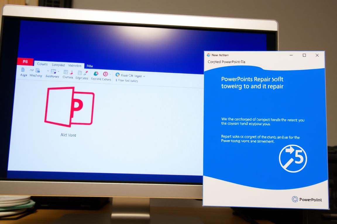 Ein Bild von einem Computerbildschirm mit einer beschädigten PowerPoint-Datei und einem Reparatur-Tool