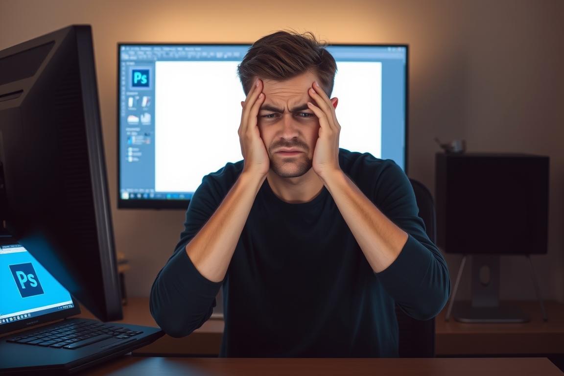 Ein Bild von einem frustrierten Nutzer vor einem Computer mit Photoshop auf dem Bildschirm