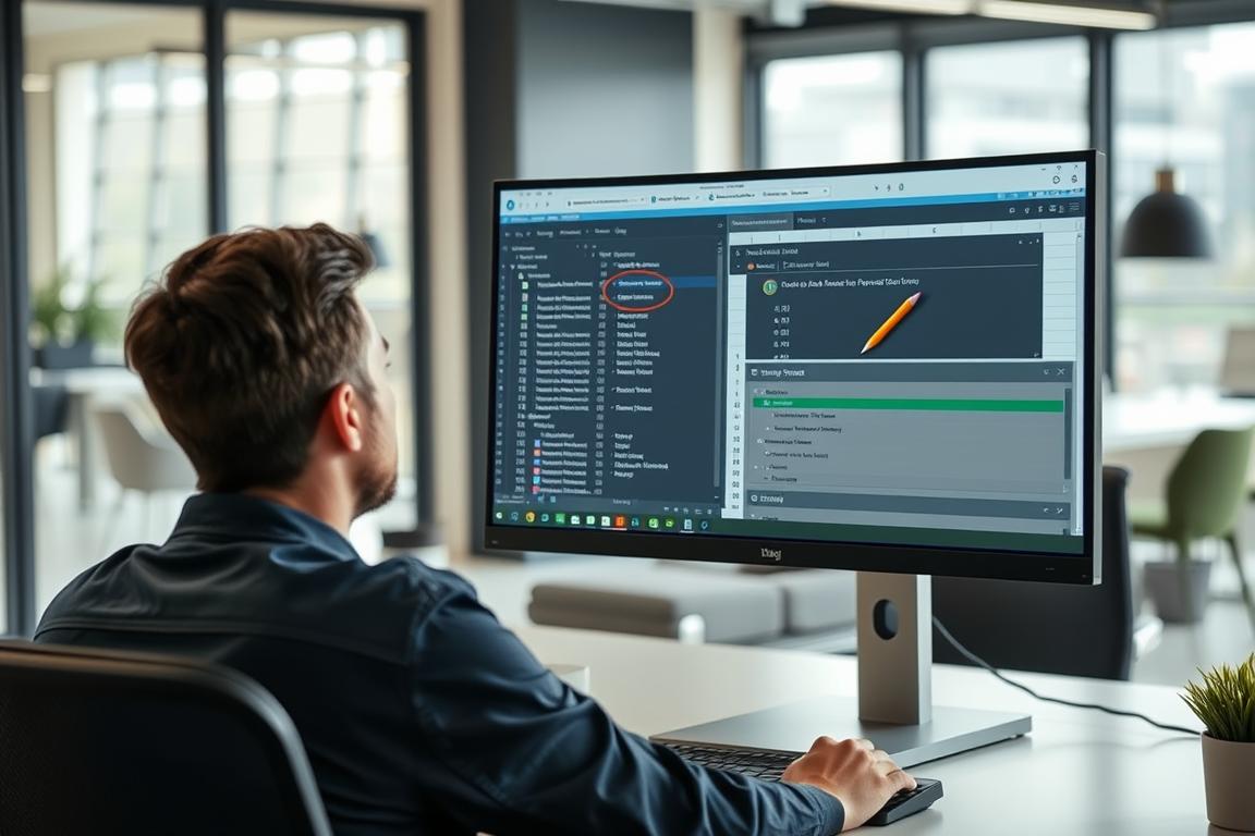 Ein Bild von einer Person, die vor einem Computer sitzt und eine Excel-Datei auf dem Bildschirm hat, während ein Reparatur-Tool auf dem Bildschirm geöffnet ist.