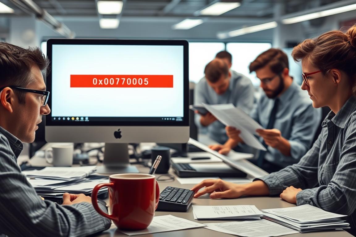 Fehlerbehebung in verschiedenen Situationen: A bustling office scene with a desktop computer, coffee mug, and scattered papers. The computer screen displays error code 0x80070005 against a backdrop of frustration and determination. In the foreground, a problem-solving protagonist examines the issue, surrounded by a warm, focused lighting that highlights their thoughtful expression. In the middle ground, colleagues collaborate, referencing documentation and exchanging ideas to resolve the technical challenge. The background depicts a sense of professional urgency, with the hum of activity and the promise of a successful resolution.