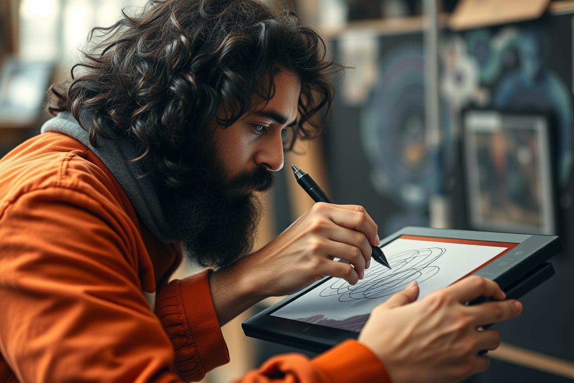 Generiere ein Bild von einem Künstler, der mit einem Wacom-Tablet in Photoshop zeichnet
