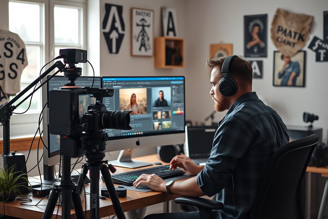 Generiere ein Bild von einem professionellen Fotografen bei der Arbeit mit Photoshop