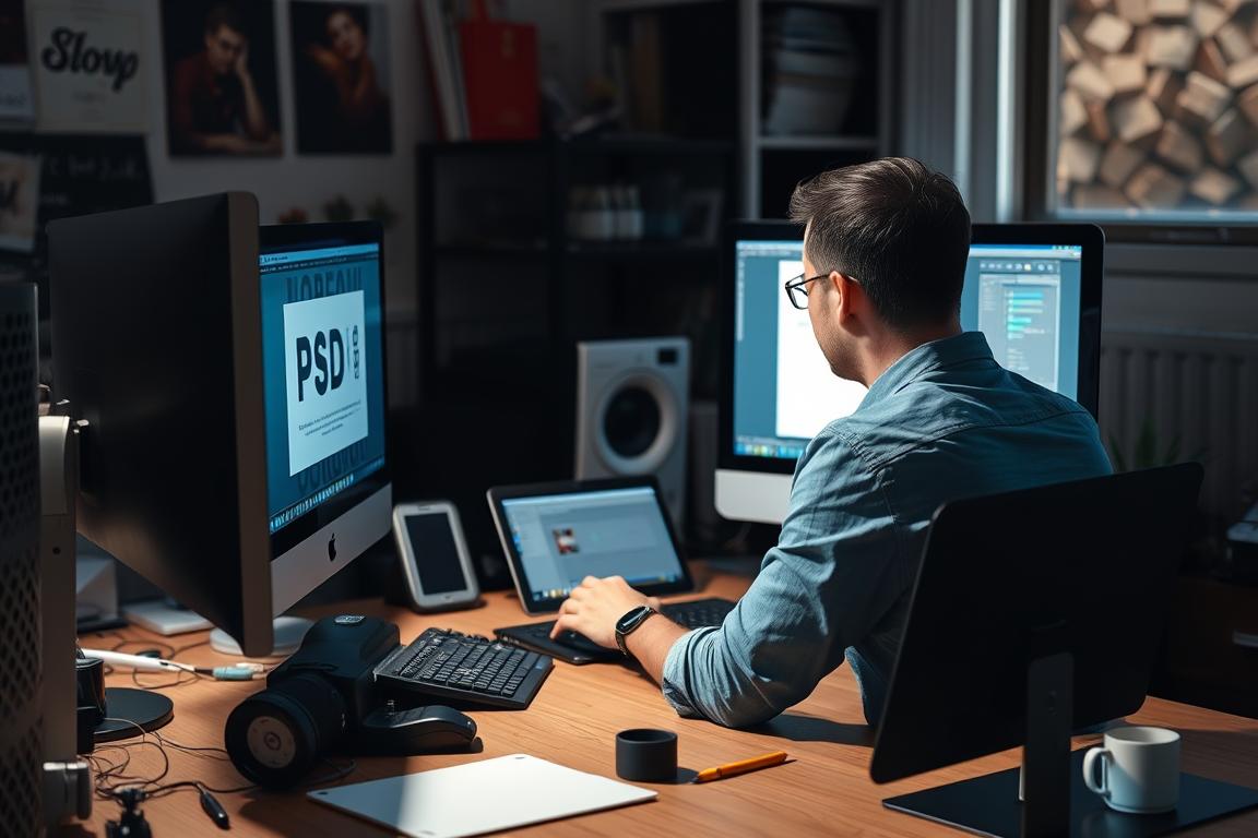 Generiere ein Bild von einer Person, die vor einem Computer sitzt und eine PSD-Datei auf dem Bildschirm repariert.