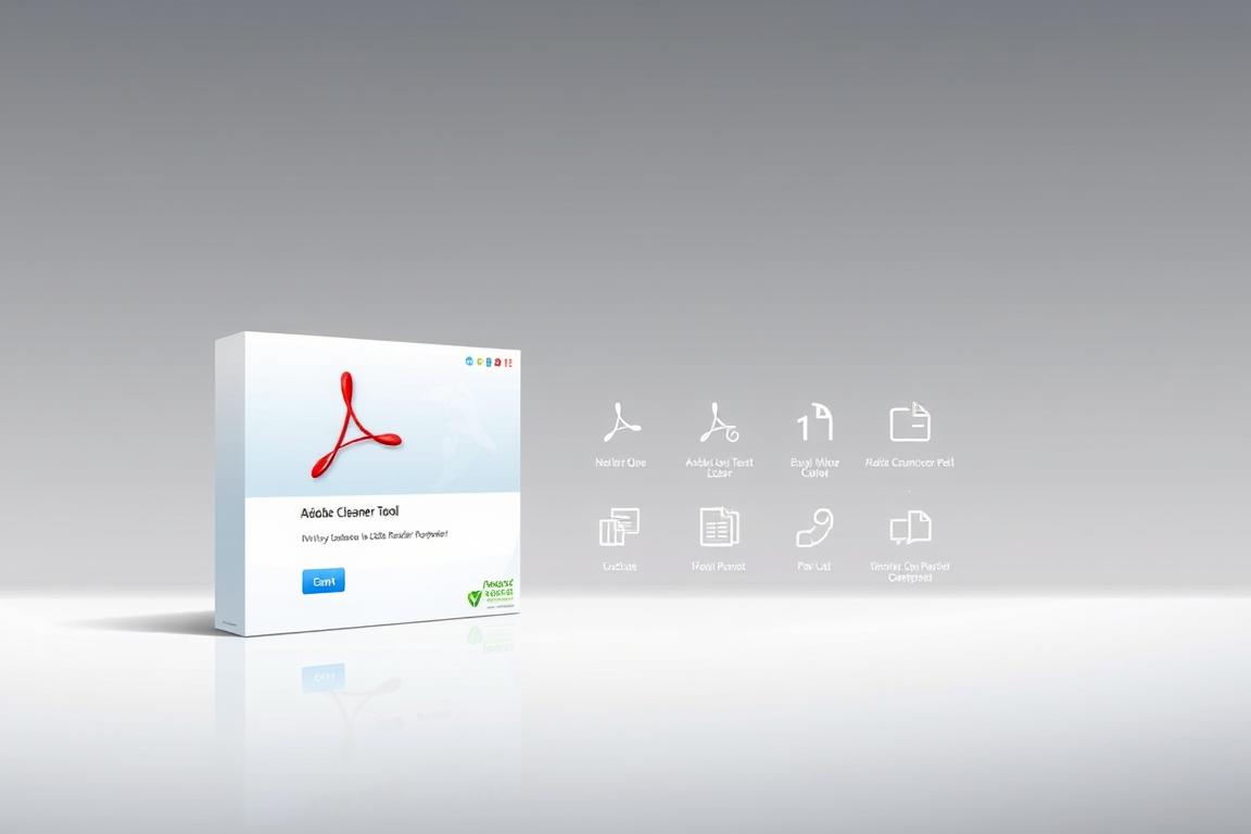 Prompt A detailed illustration of the Adobe Cleaner Tool, a utility designed to thoroughly uninstall Adobe Acrobat Reader. The tool is depicted against a clean, minimalist background, with a soft, diffused lighting that accentuates its sleek, modern design. The tool is shown in the foreground, prominently displayed, with a clear and intuitive user interface. The middle ground features various icons and graphics representing the tool's key features and functionalities, such as the ability to remove all remnants of Acrobat Reader from the system. The background is a subtle gradient, lending a sense of depth and emphasizing the tool's purpose and importance in the context of uninstalling the Adobe Reader application.