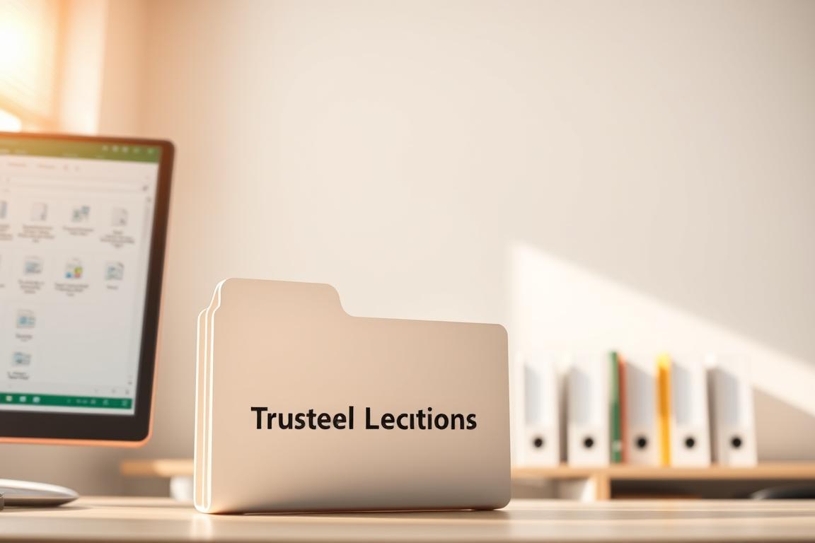 Warm, natural lighting illuminates a modern office workspace with a desktop computer displaying the Microsoft Excel interface. In the foreground, a folder icon labeled "Trusted Locations" stands prominently, representing the secure storage options available to the user. The middle ground features neatly organized files and documents, conveying a sense of organization and control. The background depicts a minimalist, clean-lined environment, emphasizing the trustworthiness and reliability of the system. The overall atmosphere evokes professionalism, efficiency, and the assurance of data safety within the Excel application.